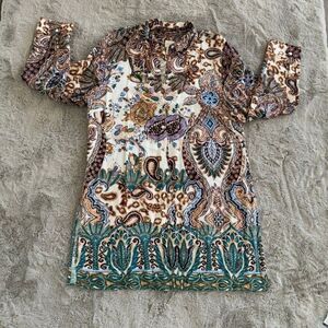 Chicos Tunic Top Dress Size‎ 2 L Multicolor Paisley Art Wear Long Sleeve Button
